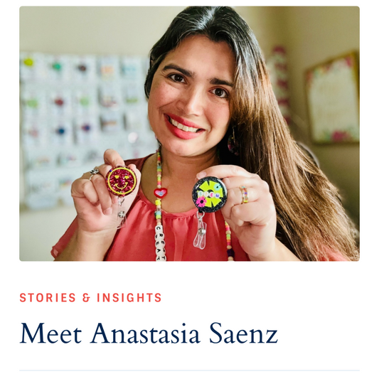 Canvas Rebel cover photo of Anastasia Saenz holding teacher badge reels and lanyards.