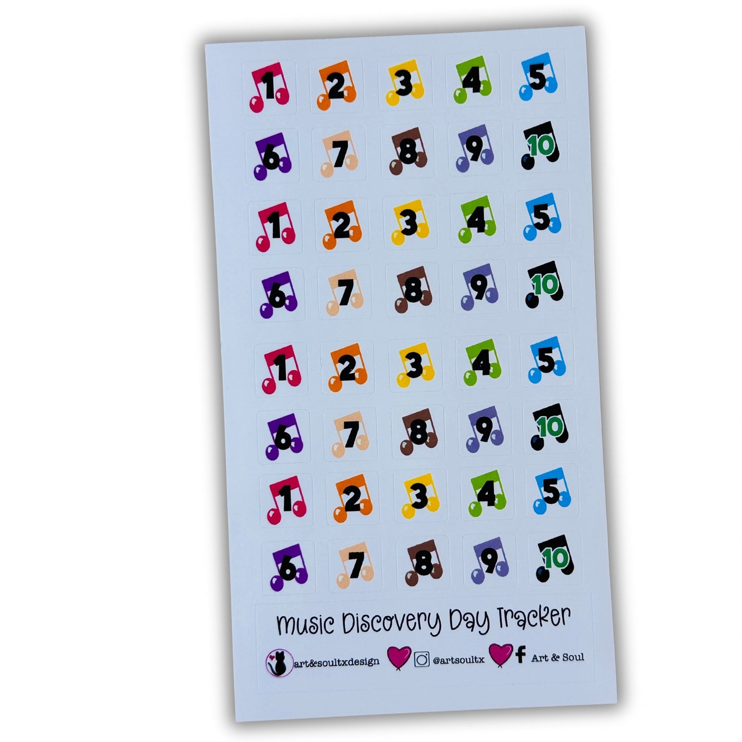 Ten day music classroom rotation tracker stickers with bold numbered musical note graphics for schedule organization.