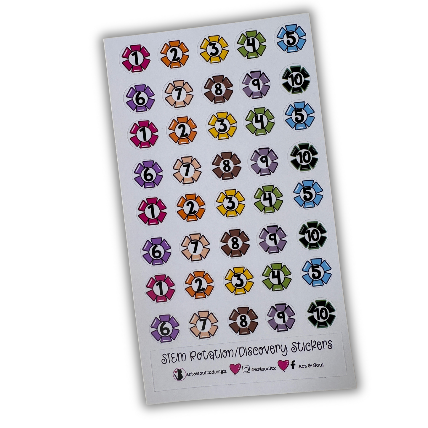 Ten day STEM rotation planner sticker sheet with 40 colorful gear stickers for teacher planning.