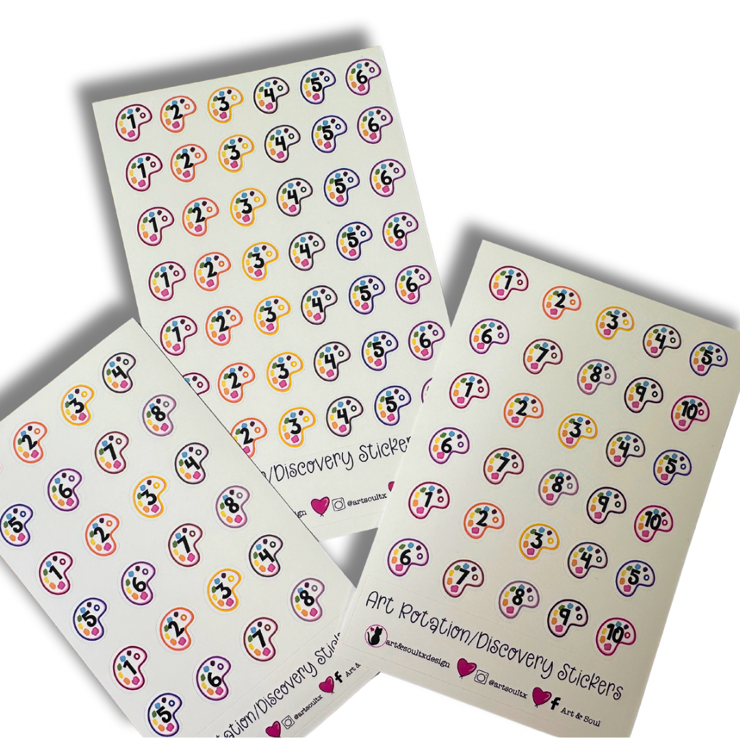 One sheet of each rotation schedule. Each sticker has a bold number representing the rotation day on a colorful paint pallet.