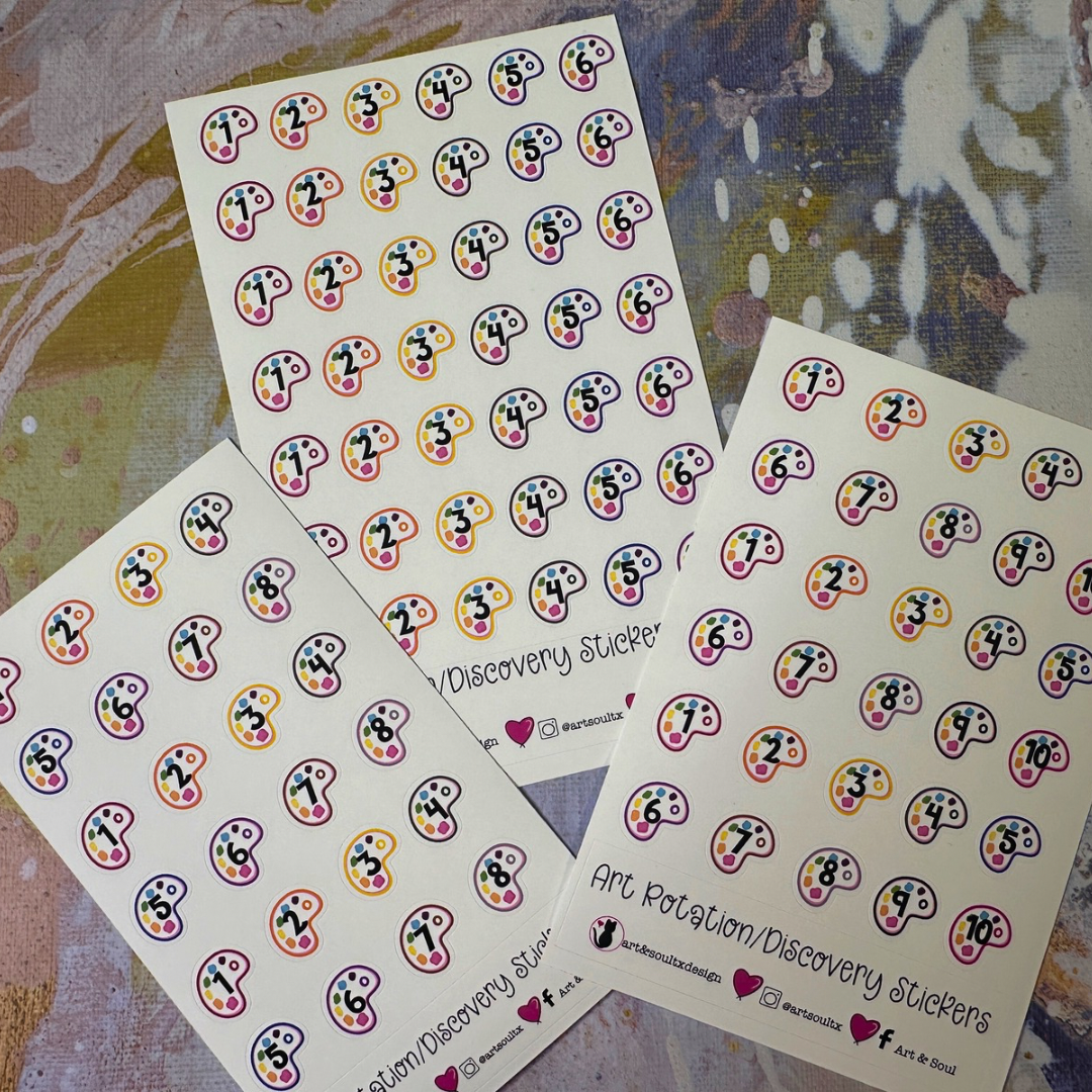 One sheet of each rotation schedule on a colorful background. Each sticker has a bold number representing the rotation day on a colorful pain pallet.