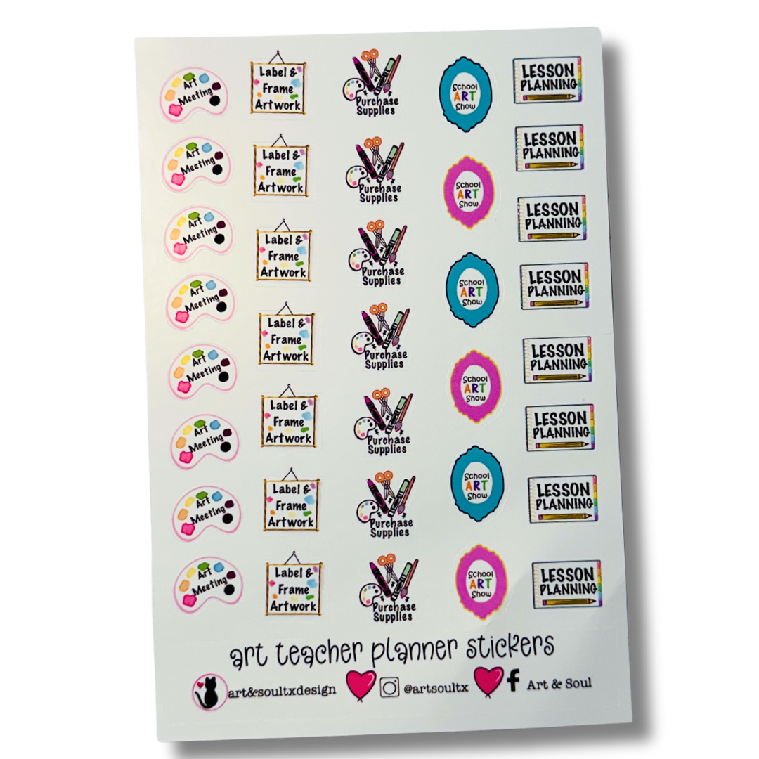 The Art Meeting reminder is shaped like a paint palette. Stickers for Labeling Artwork and School Art Show are shaped like picture frames. The reminder to purchase supplies shows markers, paint brushes, scissors, and crayons. The lesson Planning sticker is shaped like a teacher planner.