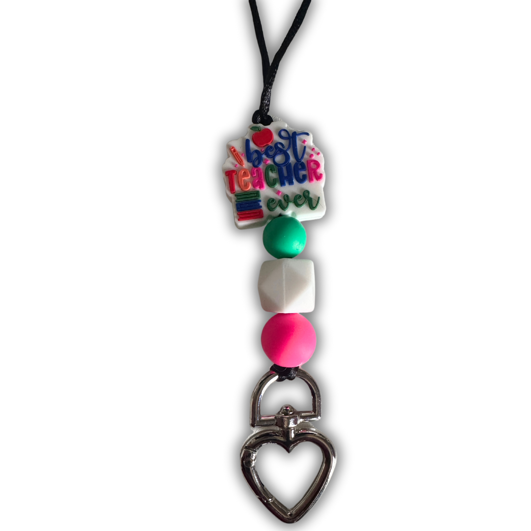 Close-up view of Best Teacher Ever lanyard showing handcrafted quality, adorable design details, and sturdy clasp for secure key holding.