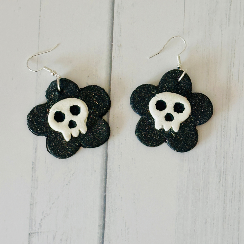 White Skull on Black Flower Earrings