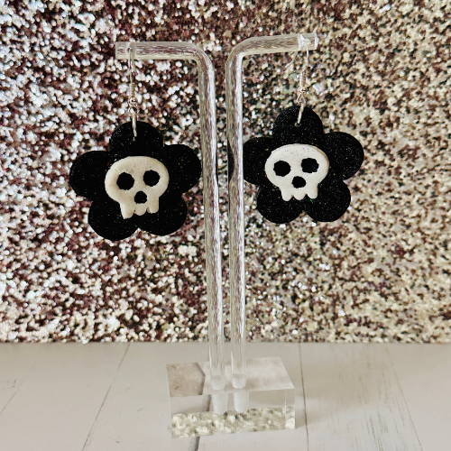 White Skull on Black Flower Earrings