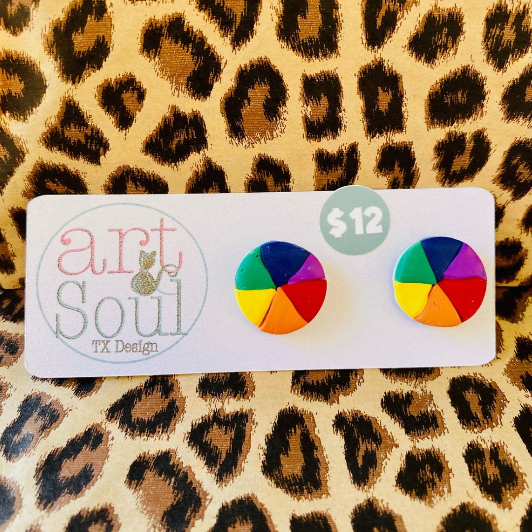 A pair of artist color wheel earring studs together on a package with the Art & Soul logo. The earrings are on leopard print background.