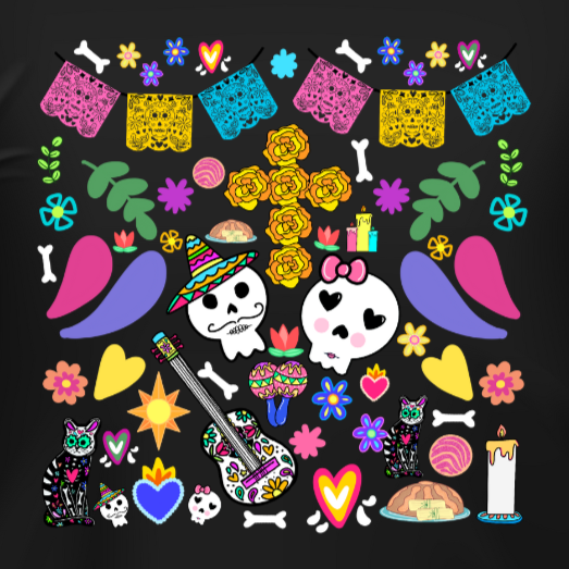 Close up of Day of the Dead design with flower cross, sugar skulls, papel picado, candles, and hearts.