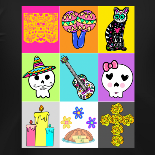 Close up of Loteria design with flower cross, sugar skulls, papel picado, candles, Mexican guitar.