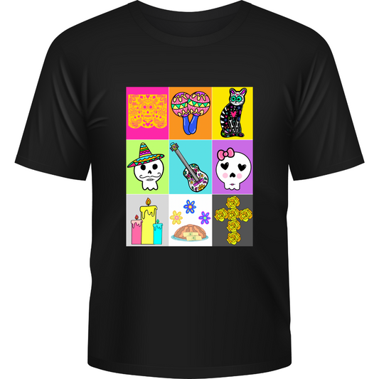 Dia de los Muertos Loteria teacher t-shirt with maracas, sugar skulls, flowers, candles on a white background.