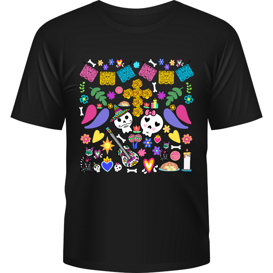 Black Dia de los Muertos teacher t-shirt with colorful sugar skulls, papel picado, candles, flowers on a white background.