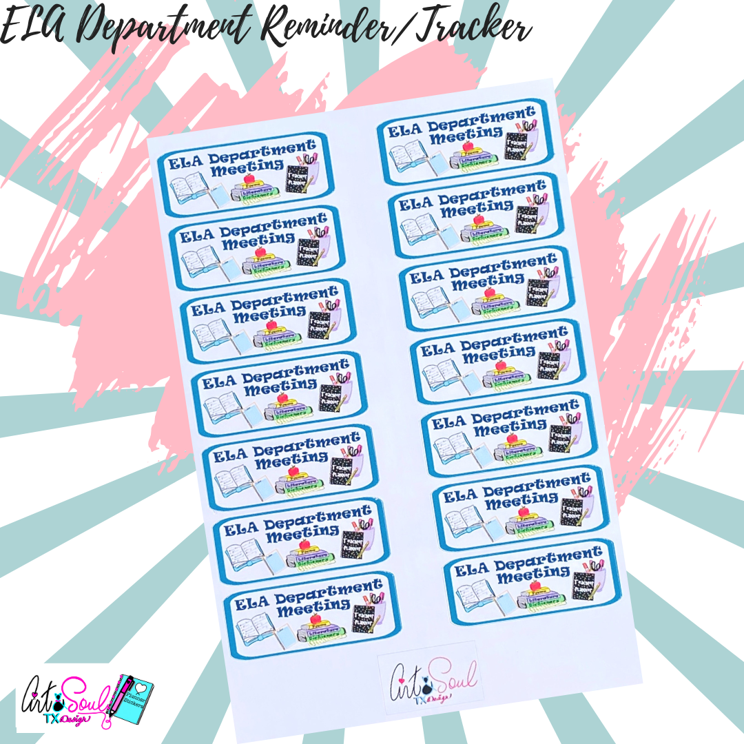 ELA Department Meeting teacher stickers on colorful blue pink white background - planner accessories.