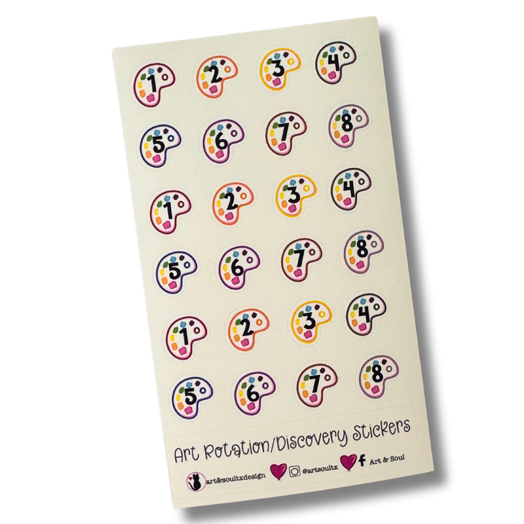 An eight day rotation schedule planner sticker sheet. Each sheet has 24 stickers, enough for three full rotations.