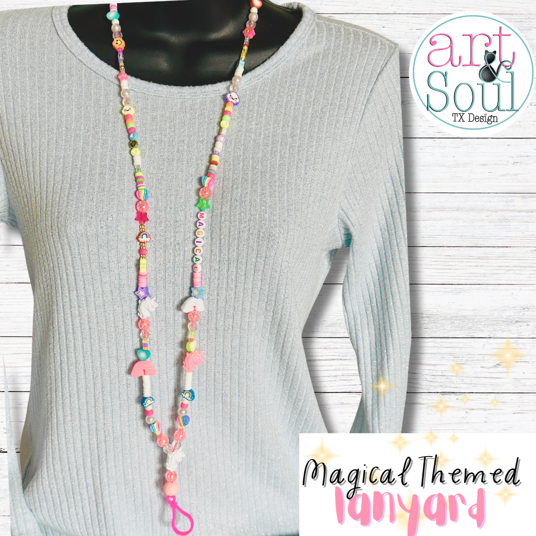 A Magical Unicorn Lanyard worn around the neck of a mannequin with a grey sweater.