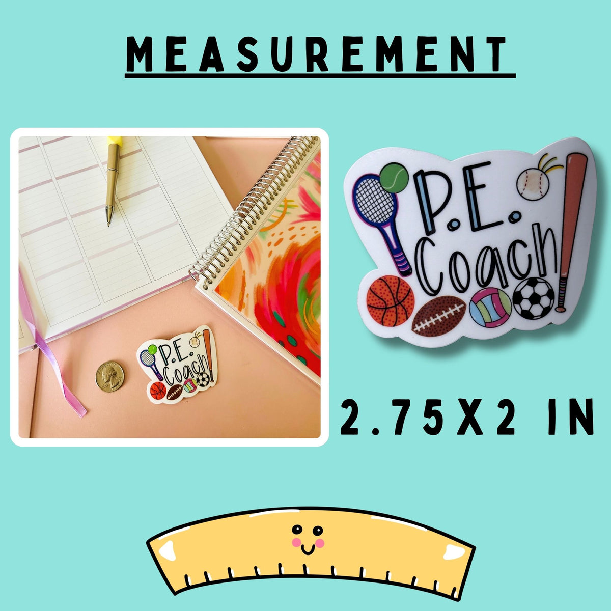 A product listing showing measurement of “P.E Coach” sticker