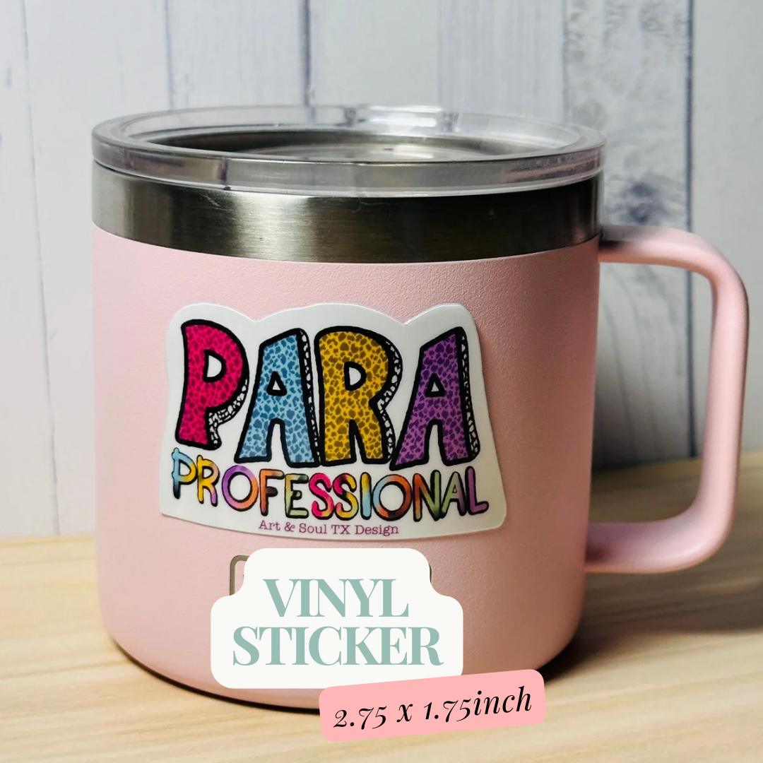 Para Professional vinyl sticker on a coffee tumbler showing size and use, with 2.75 by 1.75 inch dimensions listed at bottom.