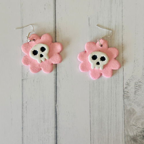 White Skull on Pink Flower Earrings