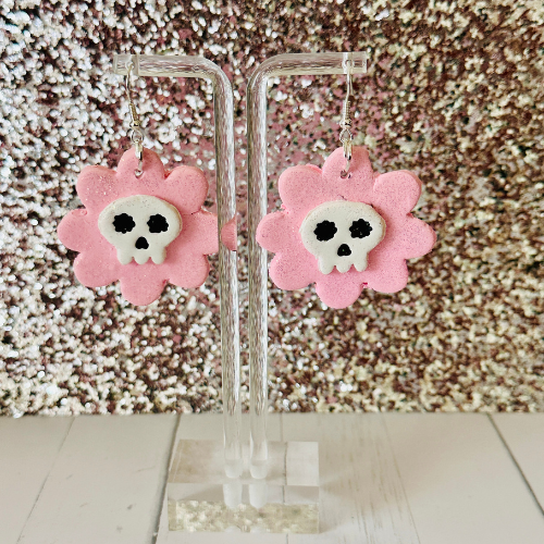 White Skull on Pink Flower Earrings