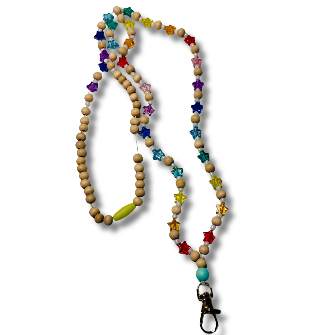 Handcrafted rainbow star lanyard with colorful beads and star charms, perfect for teachers to display ID badges.