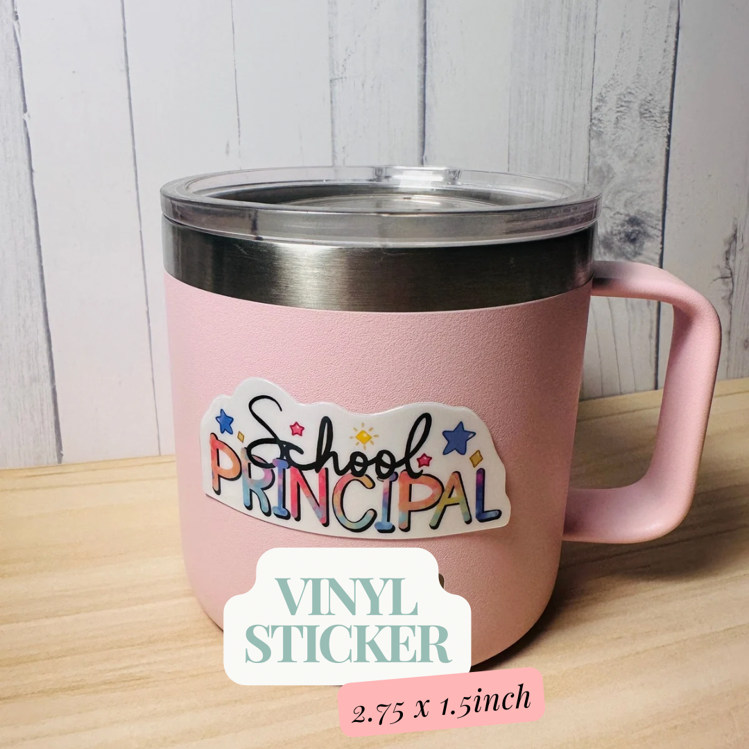 School Principal vinyl sticker on a coffee tumbler showing size and use, with 2.75 by 1.5 inch dimensions listed at bottom.