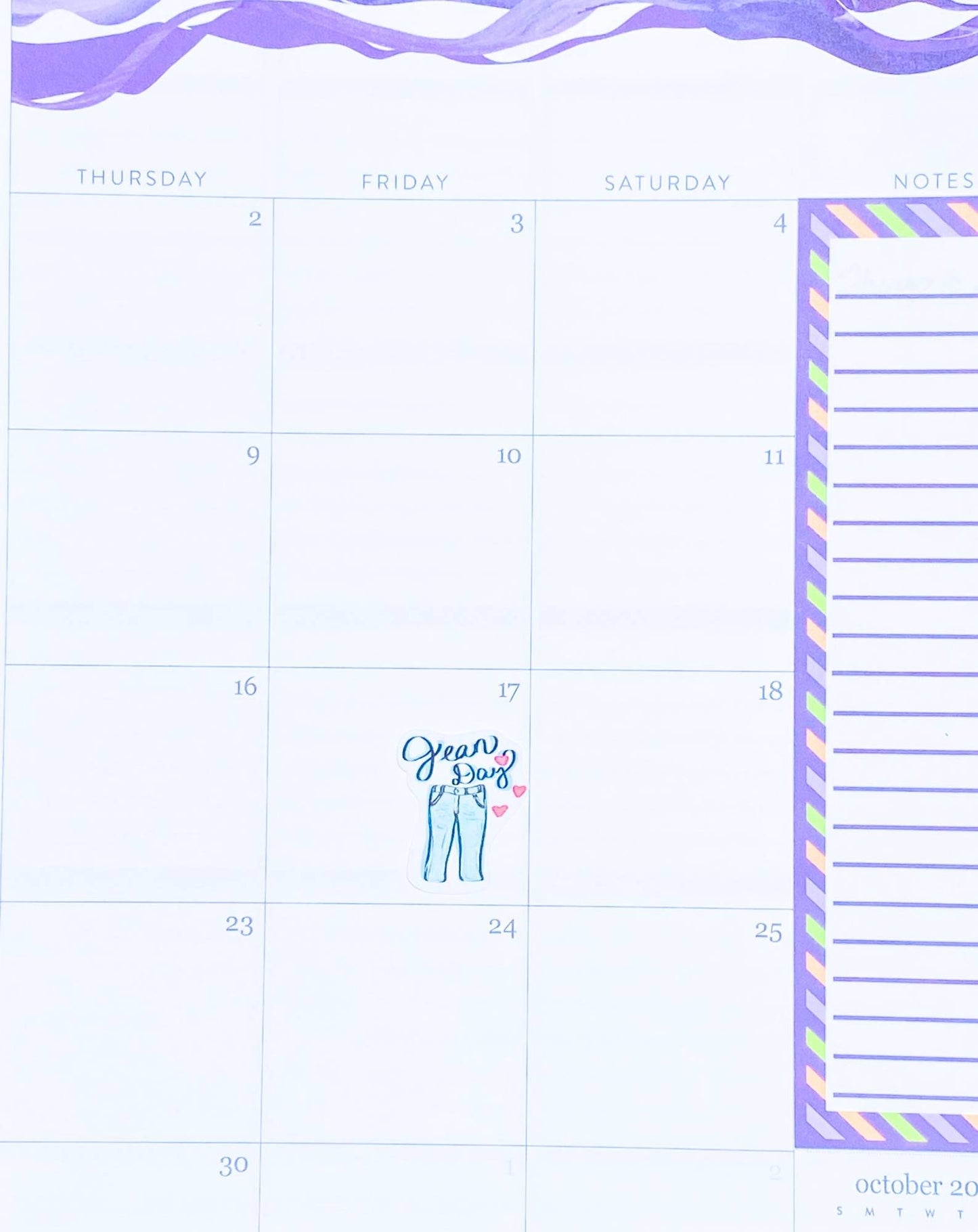 Single Jean Day sticker in teacher planner box showing 1x1.25 inch size comparison.