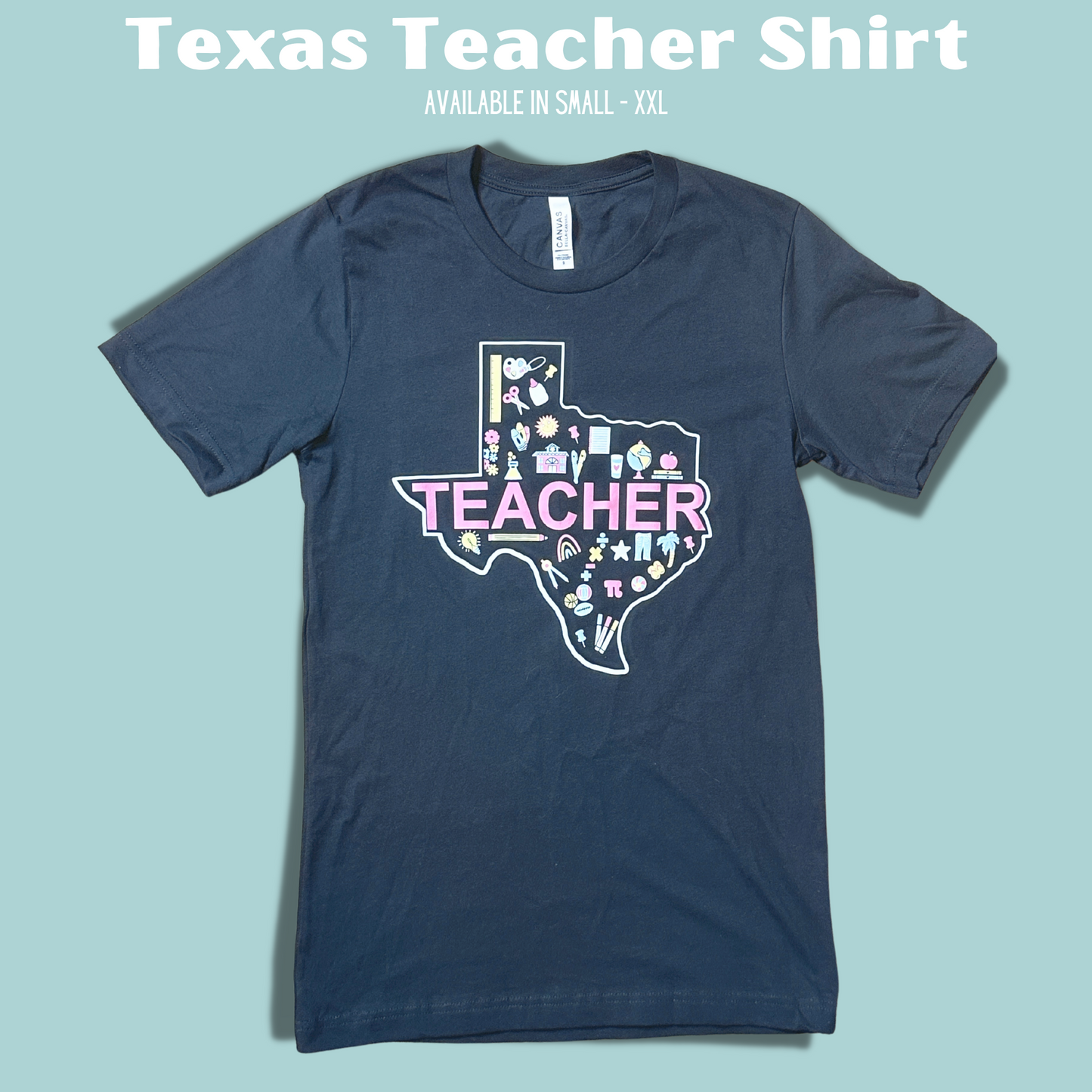 Full view of the Texas Teacher Shirt on a blue background.