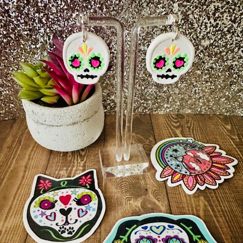 Neon Sugar Skull Polymer Clay Earrings