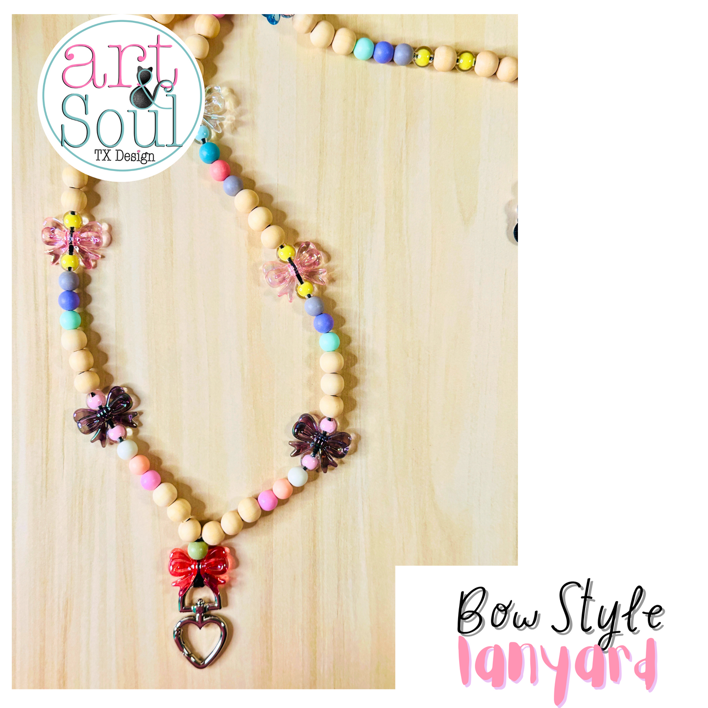 A view of the bow style teacher lanyard, with a focus on the colorful bows.