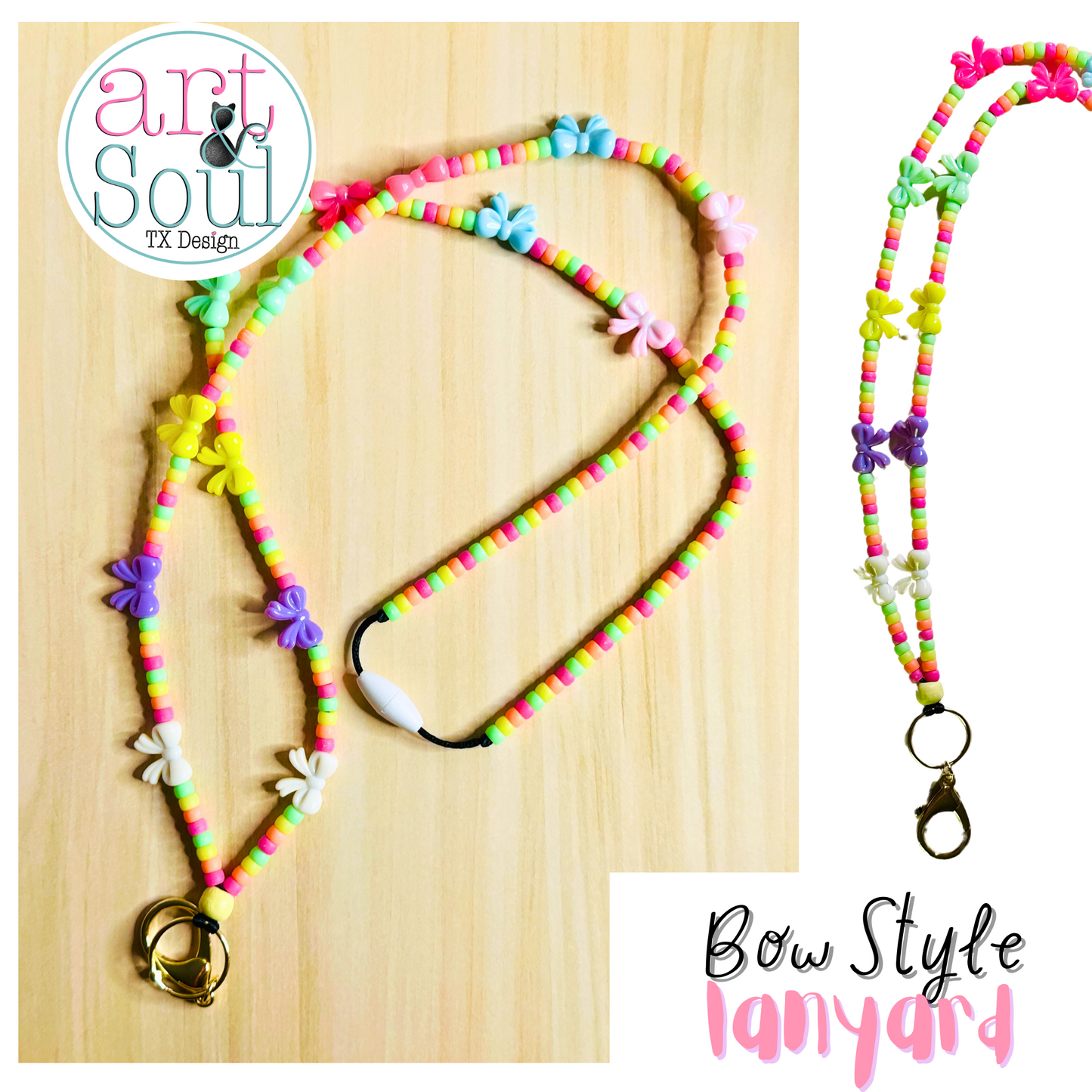 Two lanyards with the mini bow design. One lanyard is on a wooden table and the other is in front of a white backdrop.