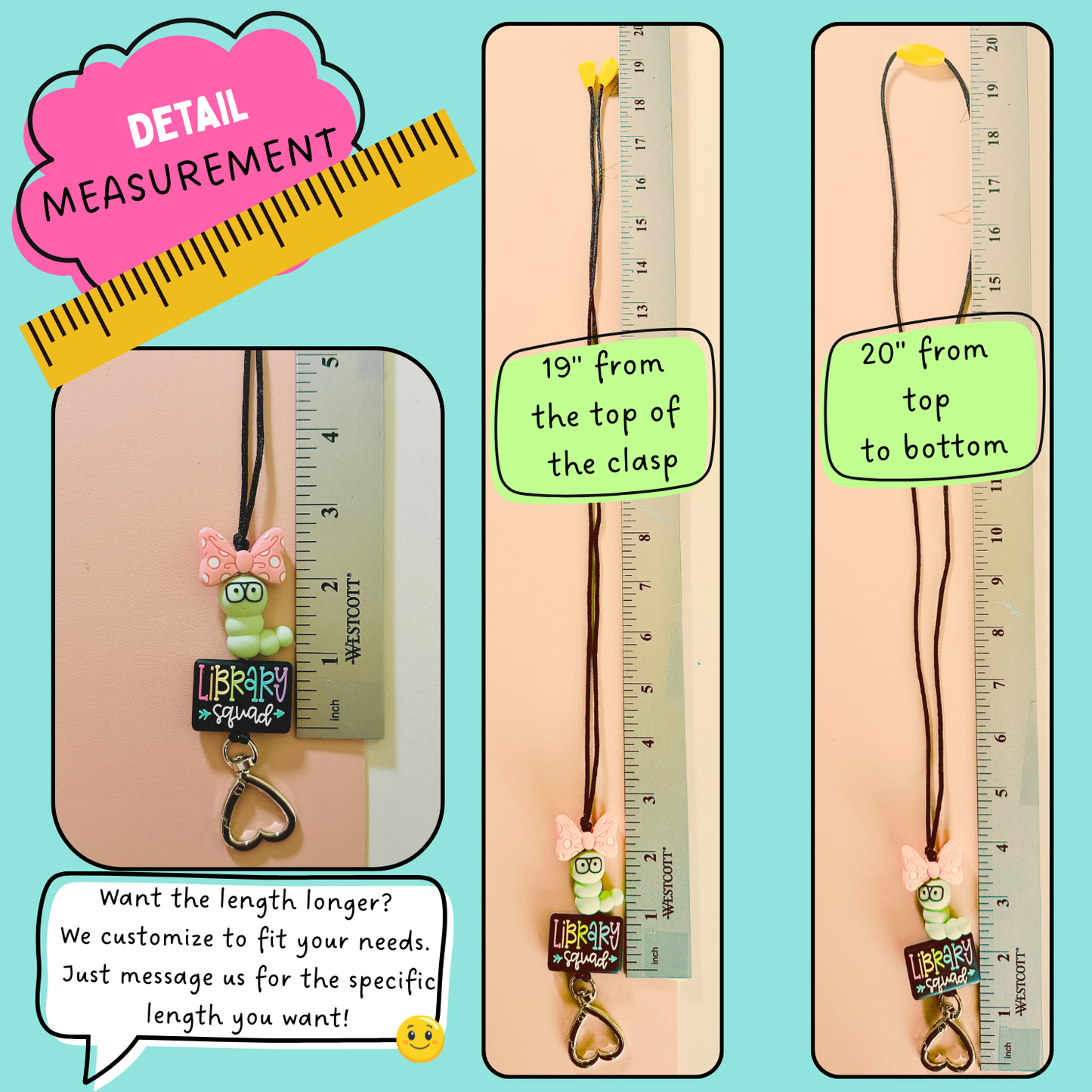 Detail measurement of the lanyard in length.