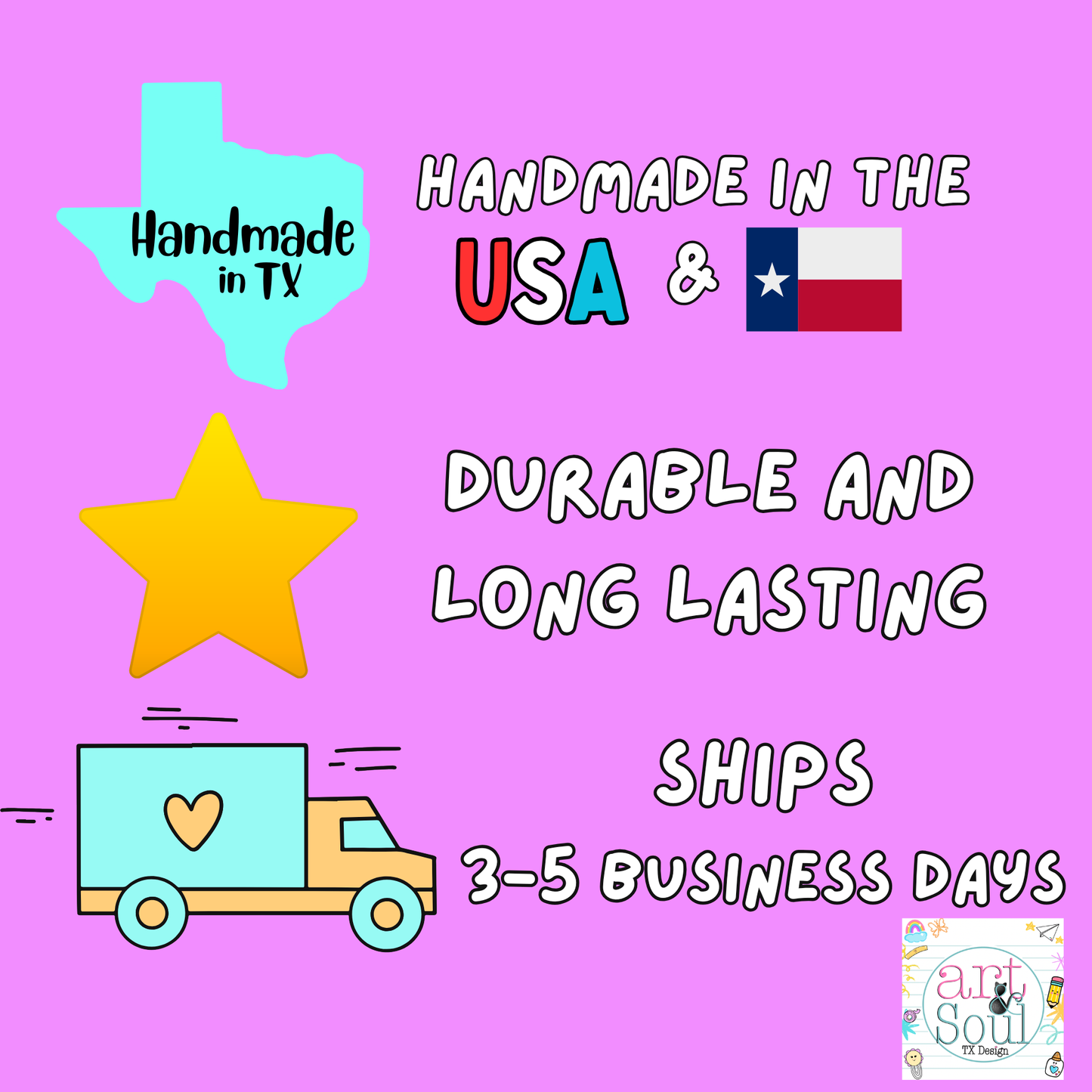 Promotional graphic with text about handmade items from Texas, durability, and shipping information on a purple background.