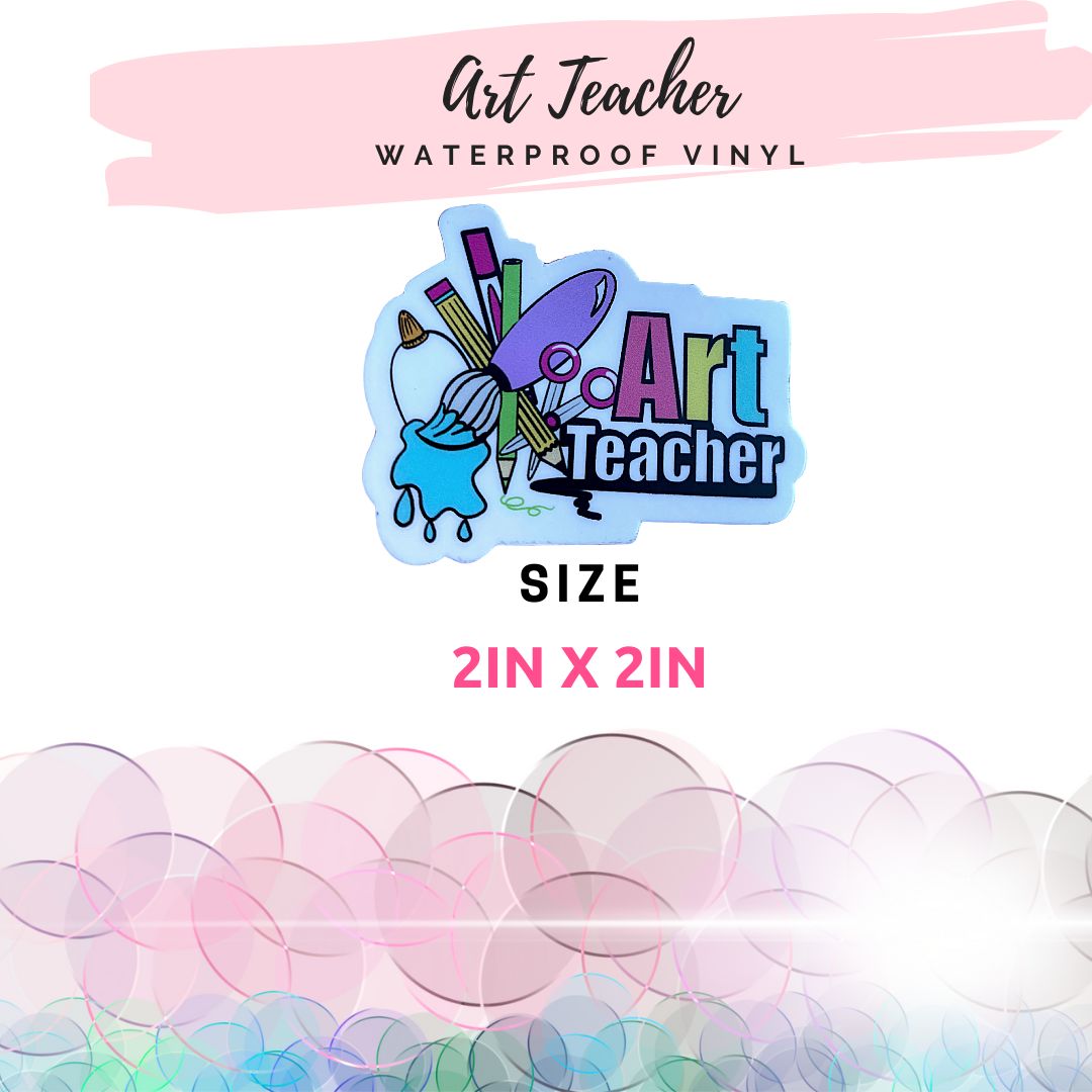 Size information for the high-quality vinyl waterproof art teacher sticker, durable and UV-resistant for long-lasting teacher appreciation.
