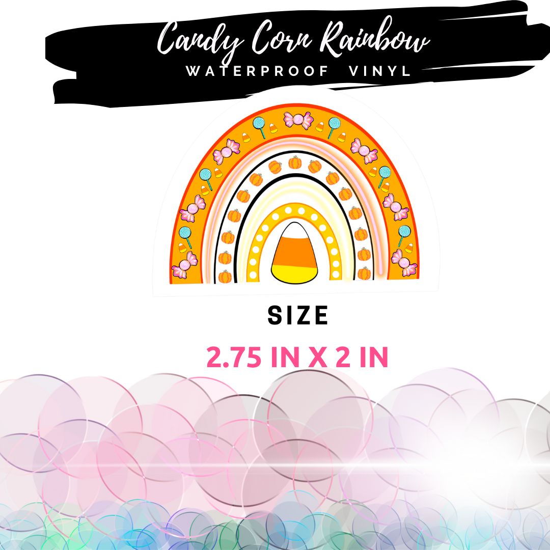 Candy corn rainbow vinyl sticker with size dimensions text showing 2.75 inches wide by 2 inches high measurement specifications.