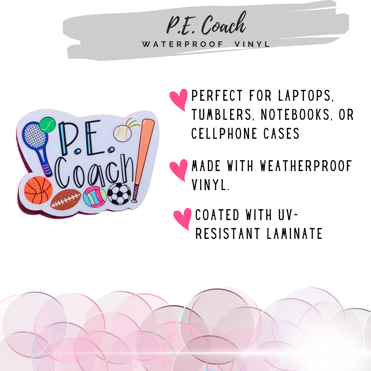 Coach waterproof vinyl sticker with text highlighting use on laptops, tumblers, notebooks, and phone cases.