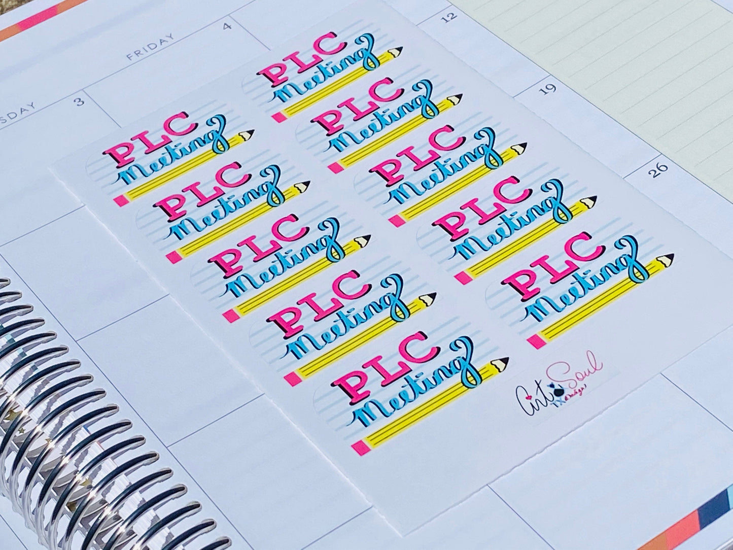 PLC Meeting stickers in teacher planner from alternate angle, showing sticker placement and size in calendar.