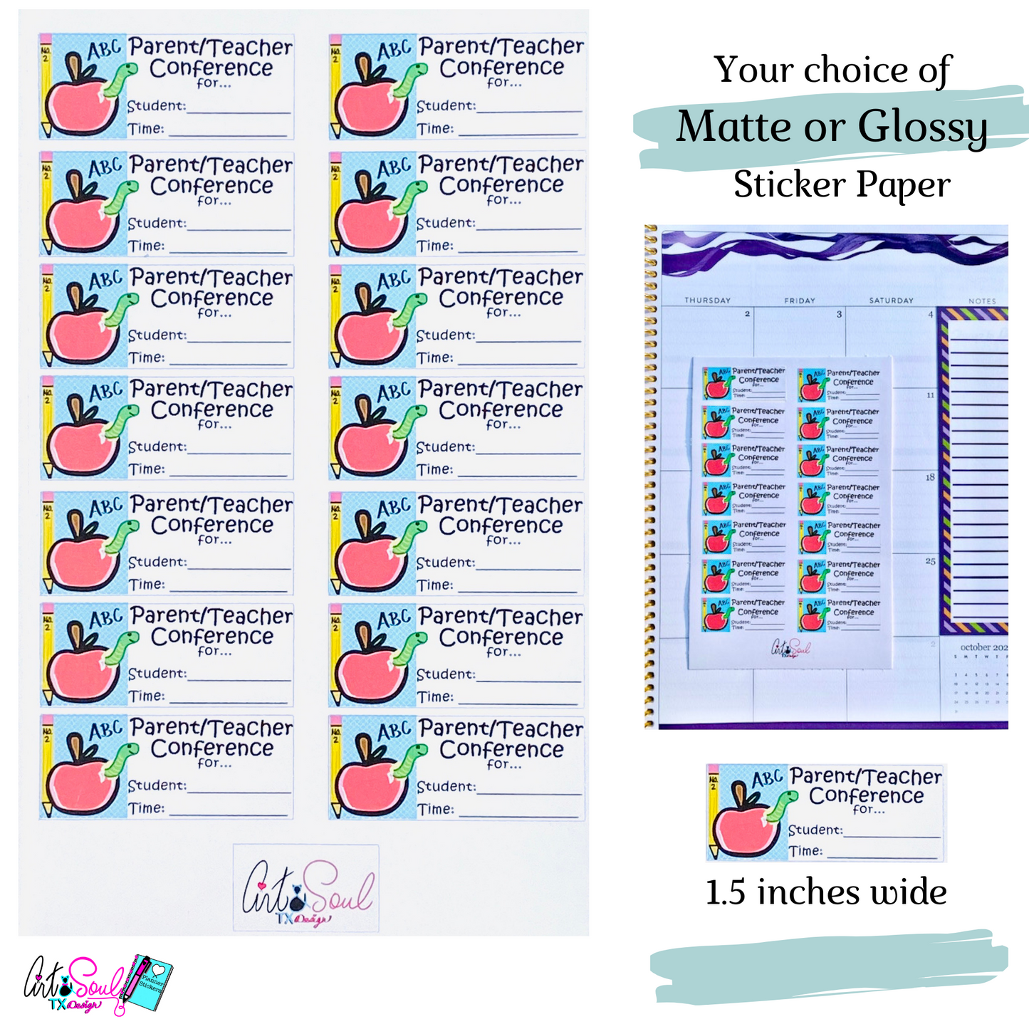 Available in matte or glossy sticker paper. Each sticker ia 1.5 inches wide and there are 14 stickers per sheet.