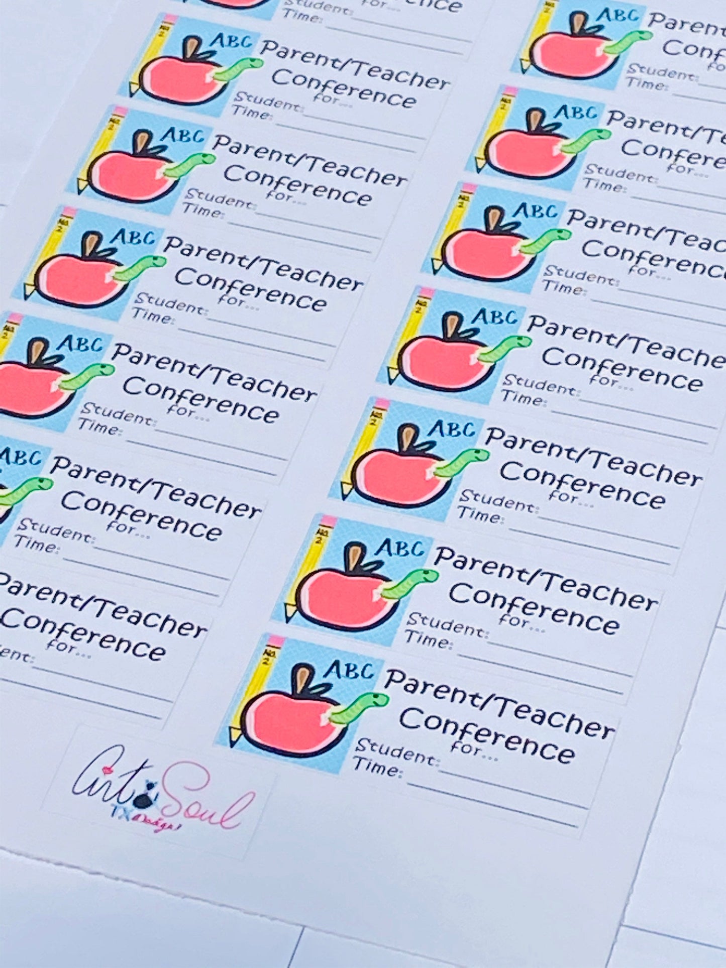 An angle-view and close-up of the parent/teacher conference sticker sheet. Made by Art & Soul TX Design.