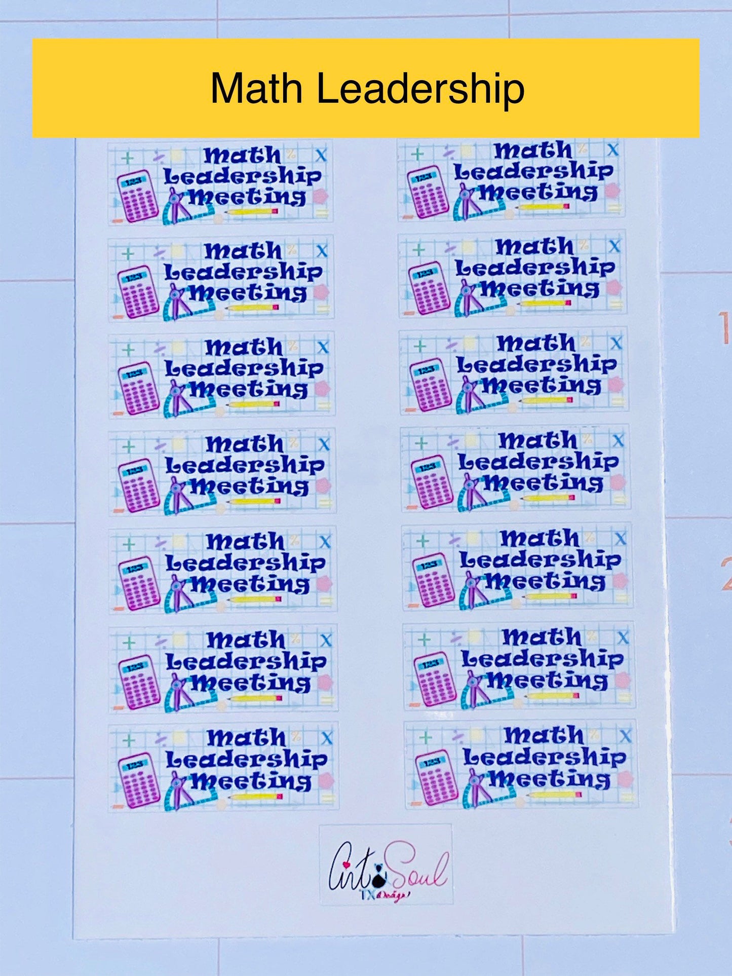 A sheet of Math Leadership Meeting stickers. Each sheet is approximately 4 inches by 6 inches and contains 14 stickers. Each sticker is 1.75 x 0.65 inches.