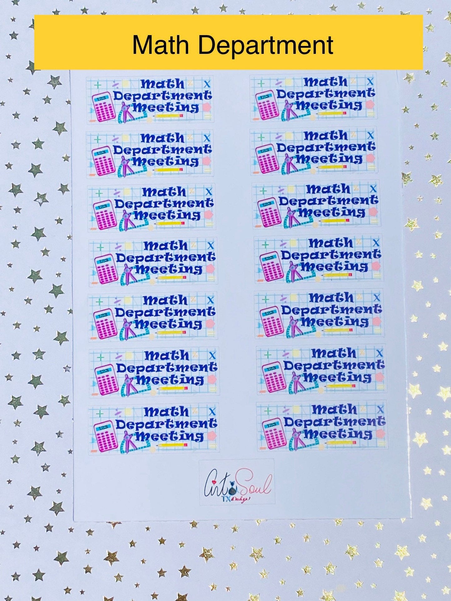 A sheet of Math Department Meeting stickers. Each sheet is approximately 4 inches by 6 inches and contains 14 stickers. Each sticker is 1.75 x 0.65 inches.