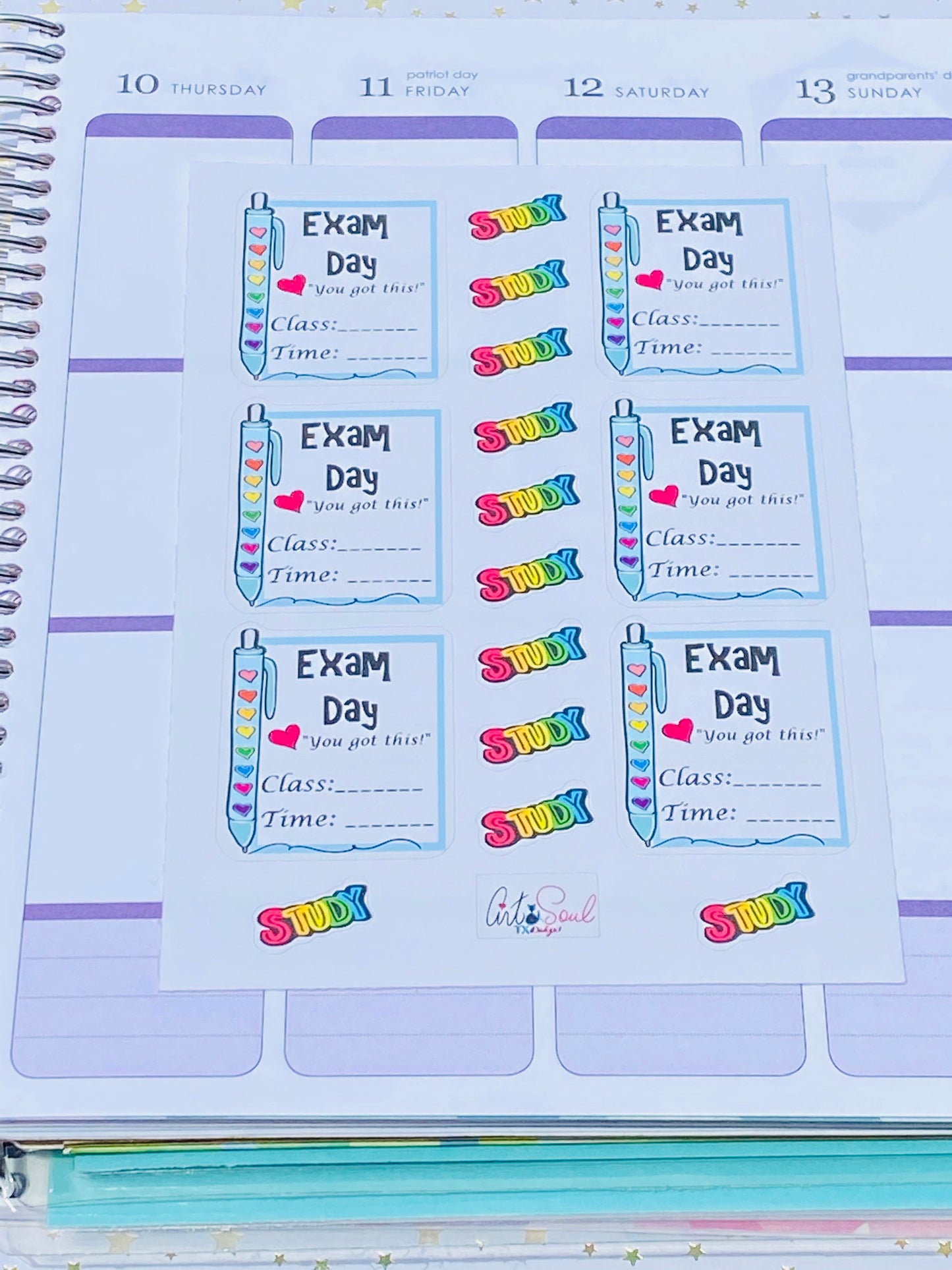 A sheet of College Exam Day Planner stickers. Each sheet contains Study and Exam Day stickers.
