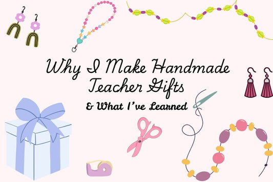 Cartoon drawings of earrings, lanyards, a gift box, and tools for handmade gifts.