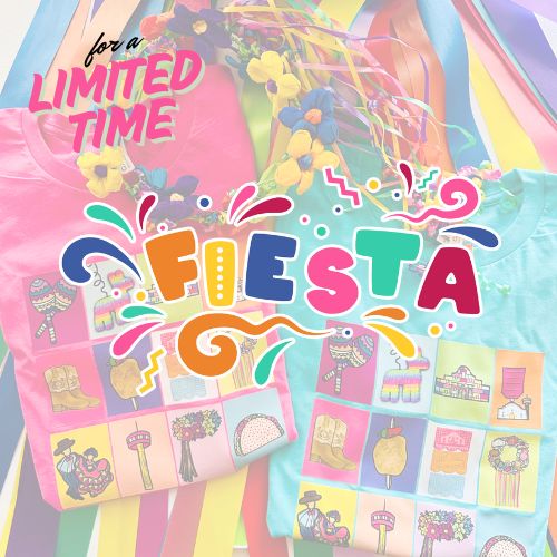Fiesta Lotería shirts and Fiesta wreaths on a colorful and festive background.