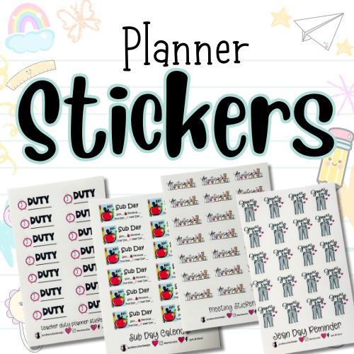 Sheets of PLC and Sub Day Planner stickers on an open notebook.