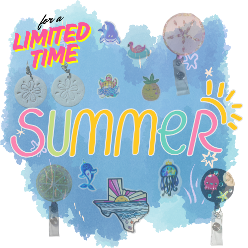Summer items menu with beach themed products on an ocean blue background.