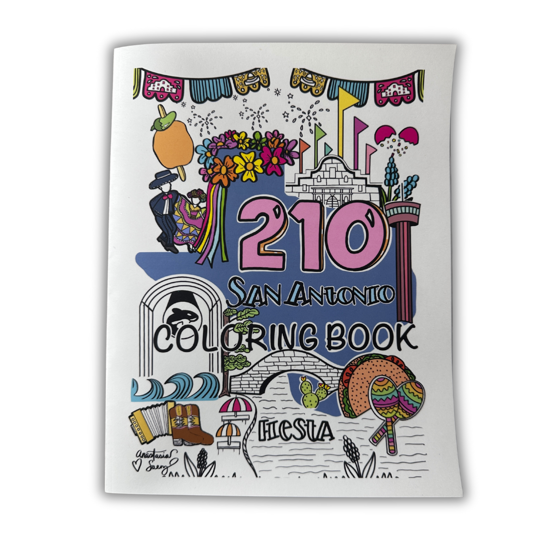 A cover image of the '210 San Antonio Coloring Book' featuring hand-drawn illustrations including the Alamo, Downtown Riverwalk, and Fiesta celebration elements, with a variety of colors and decorations.