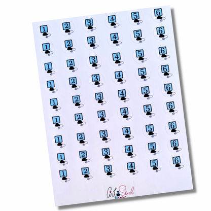 Complete 6 day computer rotation schedule sticker sheet on white background showing numbered day stickers for teacher planner organization