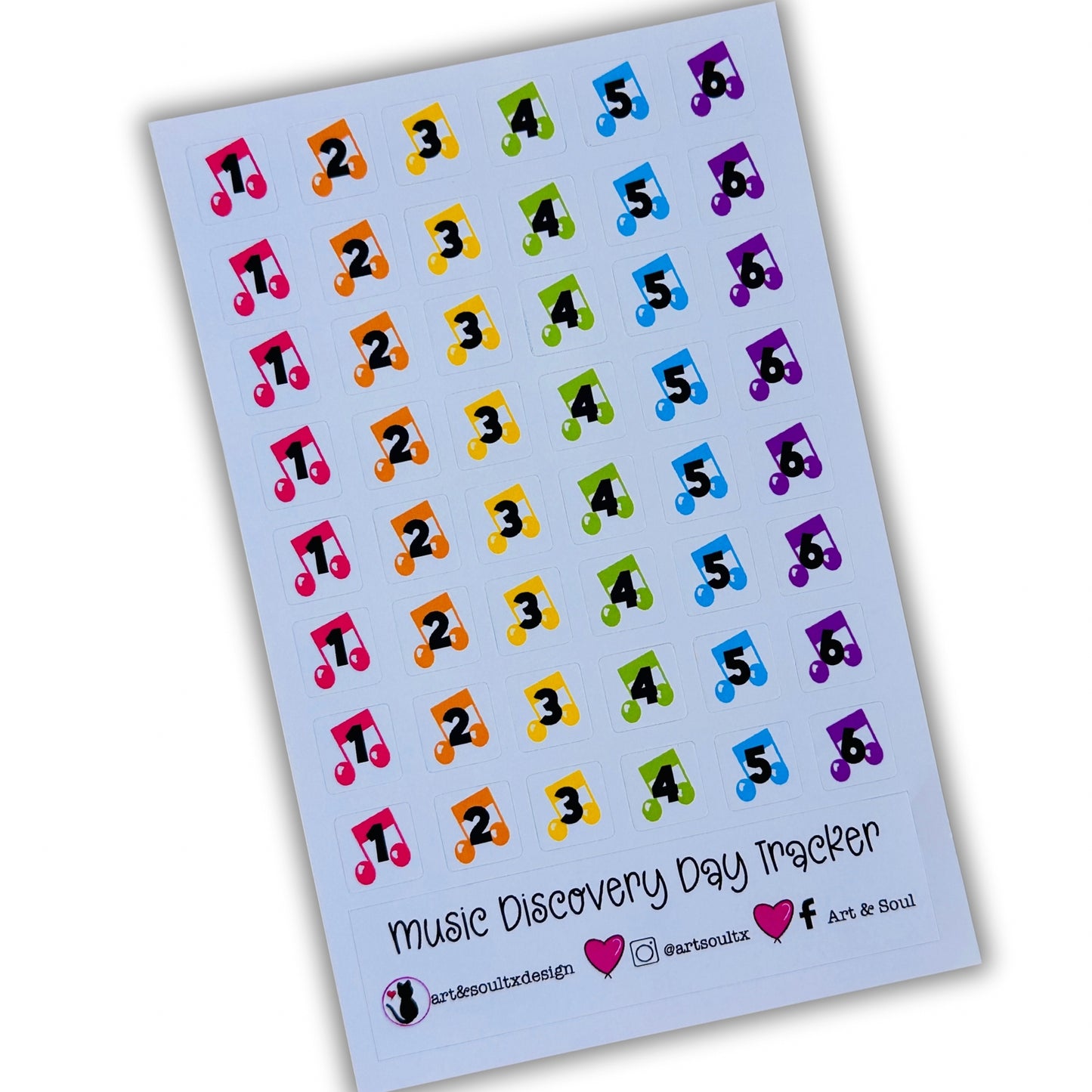 Six day music teacher rotation stickers featuring numbered colorful music notes for classroom schedule tracking.