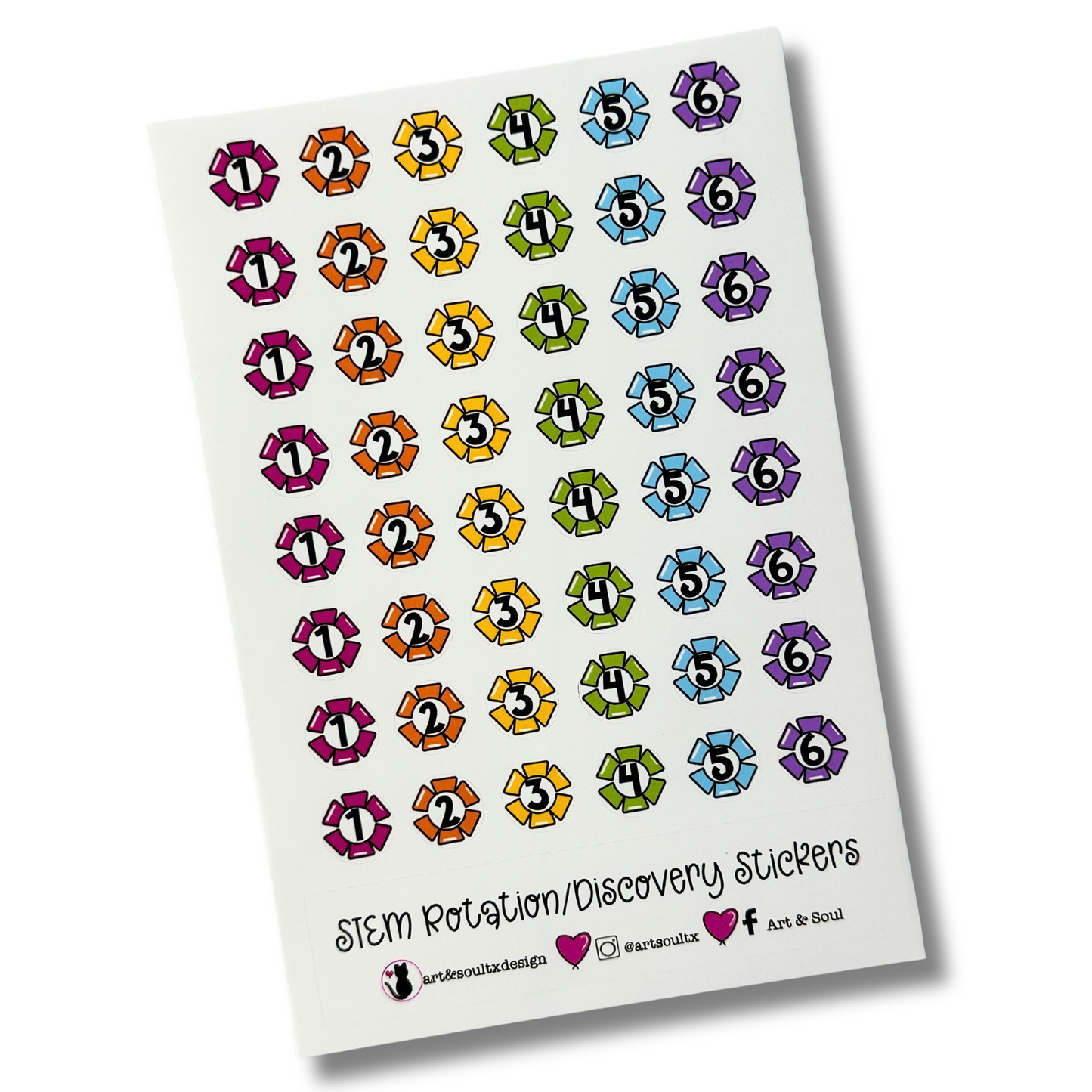 Six day STEM rotation planner sticker sheet with 48 colorful gear stickers for teacher planning.