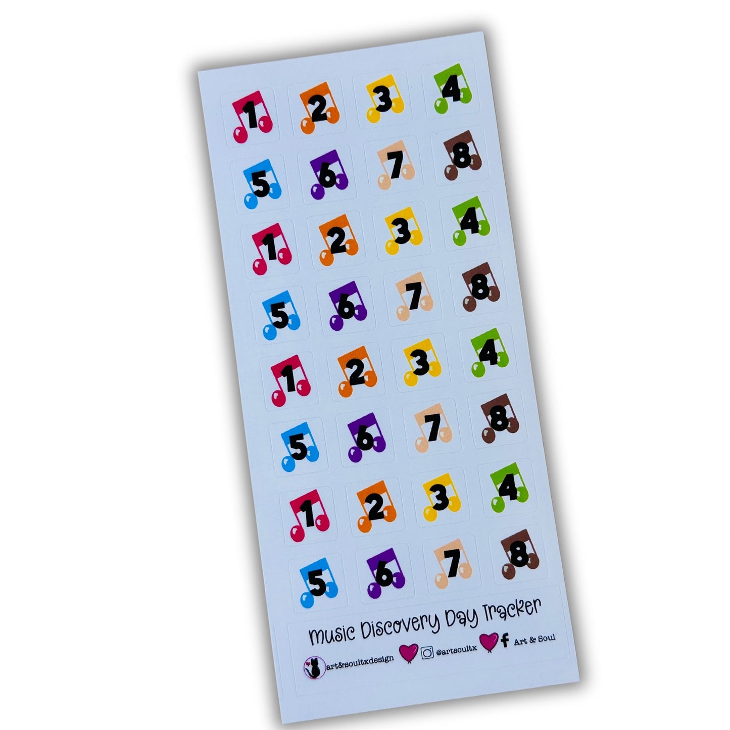 Eight day rotation schedule sticker sheet with vibrant music note designs and clear number labels for teachers.