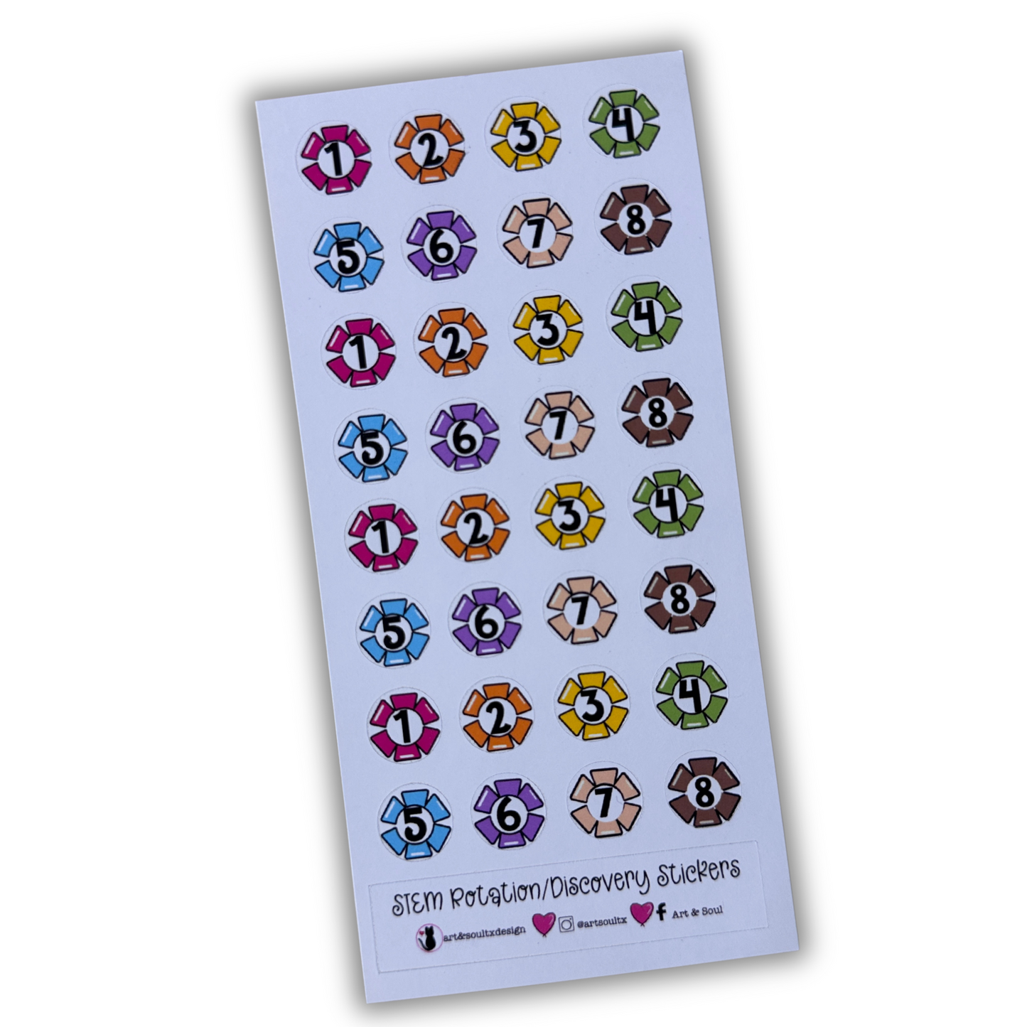 Eight day STEM rotation planner sticker sheet with 24 colorful gear stickers for teacher scheduling.