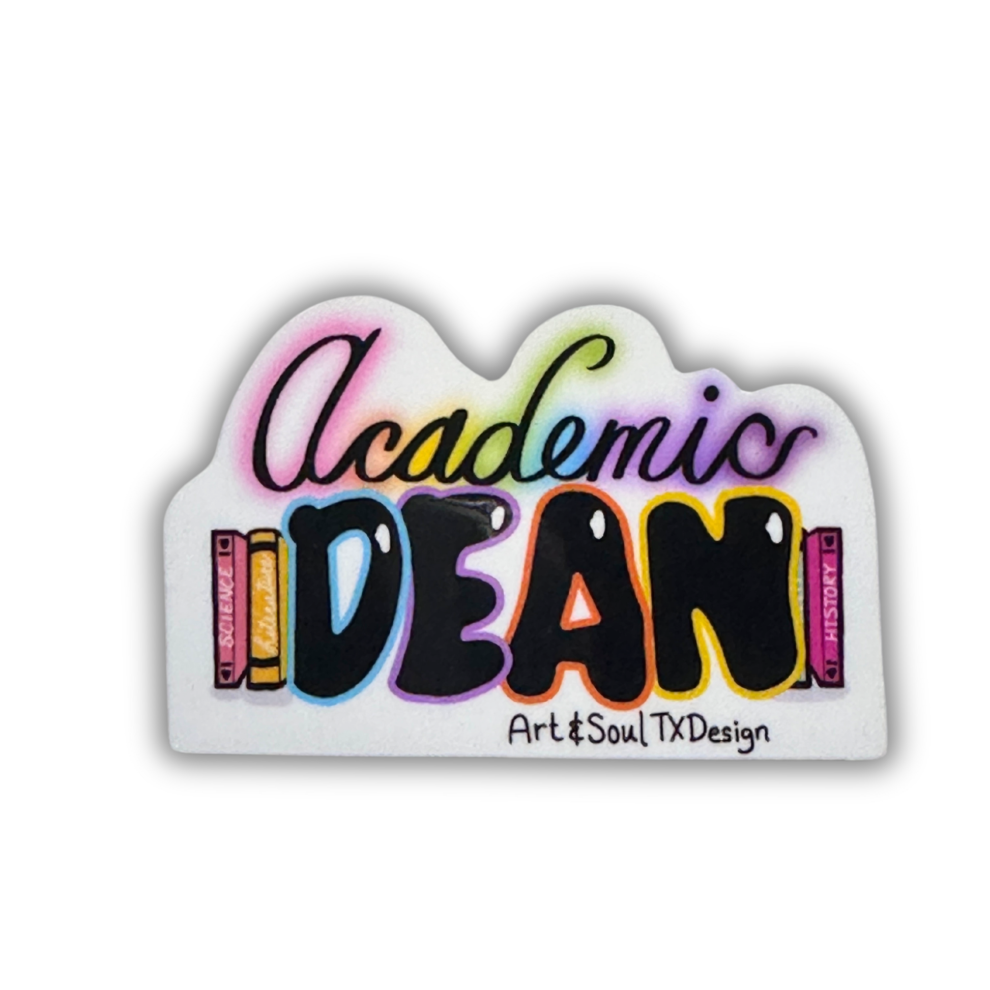 Colorful waterproof Academic Dean sticker featuring colorful and cute fonts, perfect for laptops and water bottles.